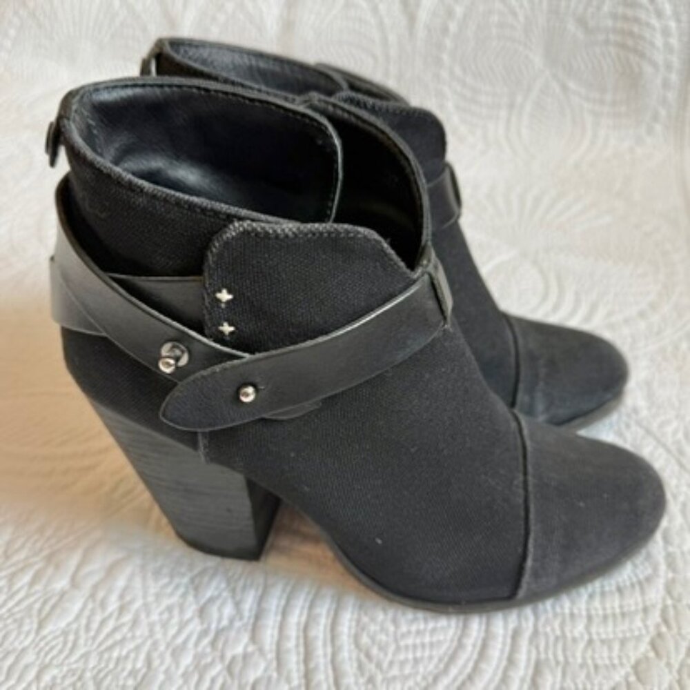 Rag Rag & Bone Harrow Black Canvas Leather Strap Ankle Booties Size 37 - Picture 2 of 12